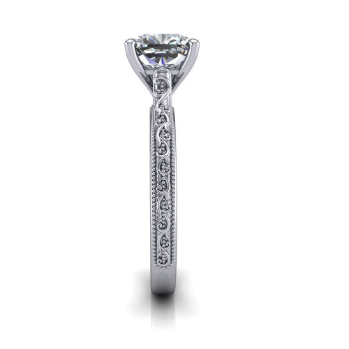 Violet cushion solitaire engagement ring in 14K White Gold, side profile showing the hand-engraved scroll motif and milgrain bead edges along the shank