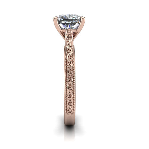 Violet cushion solitaire engagement ring in 18K Rose Gold, side profile showing the hand-engraved scroll motif and milgrain bead edges along the shank