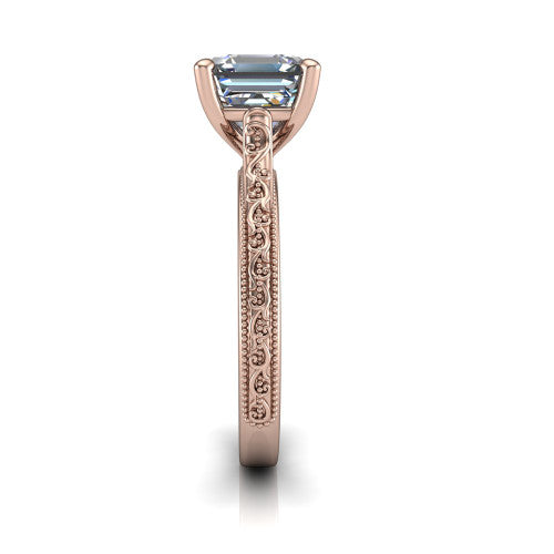 Violet square emerald solitaire engagement ring in 14K Rose Gold, side profile showing the hand-engraved scroll motif and milgrain bead edges along the shank