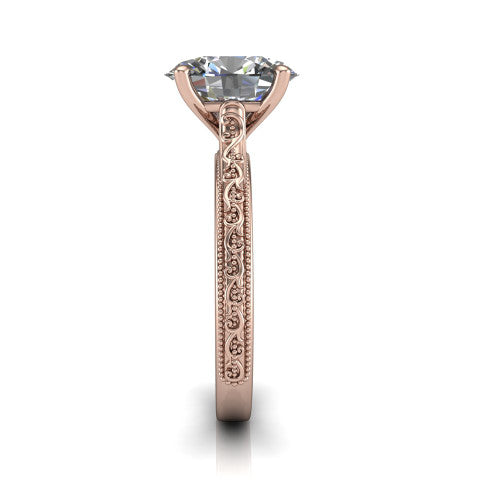 Violet oval solitaire engagement ring in 14K Rose Gold, side profile showing the hand-engraved scroll motif and milgrain bead edges along the shank