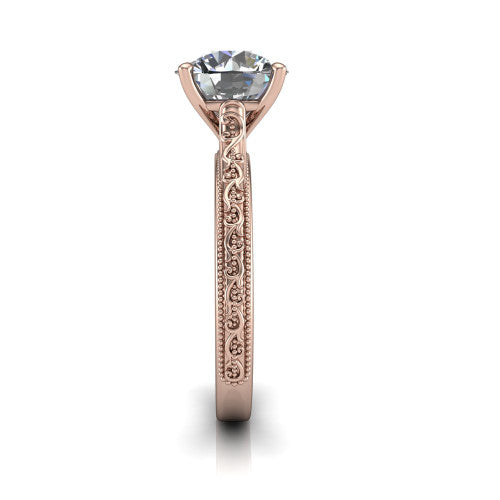 Violet round solitaire engagement ring in 18K Rose Gold, side profile showing the hand-engraved scroll motif and milgrain bead edges along the shank