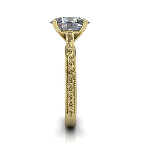 Violet oval solitaire engagement ring in 14K Yellow Gold, side profile showing the hand-engraved scroll motif and milgrain bead edges along the shank