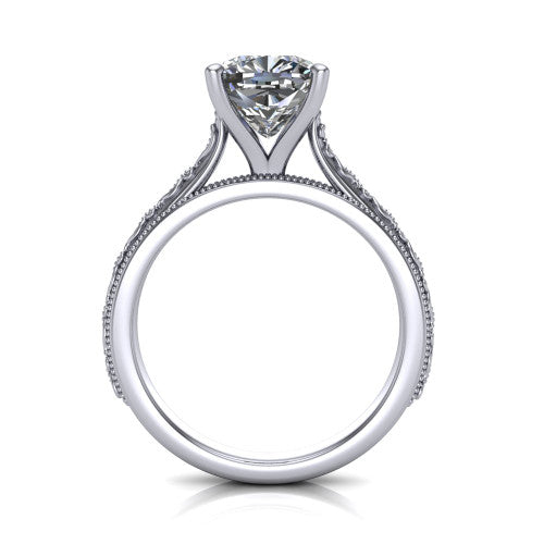 Violet cushion solitaire engagement ring in 18K White Gold, through-finger front profile showing the open under-gallery and engraved scroll band