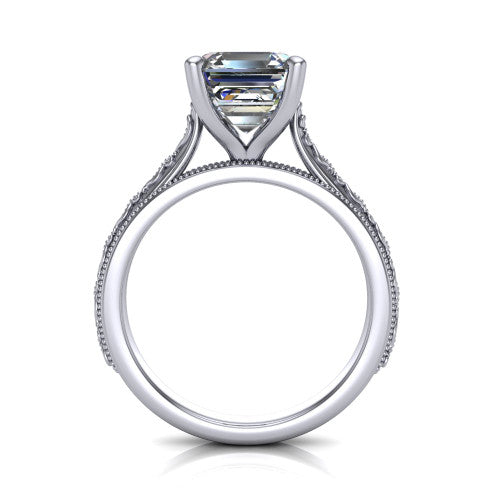 Violet square emerald solitaire engagement ring in Platinum, through-finger front profile showing the open under-gallery and engraved scroll band