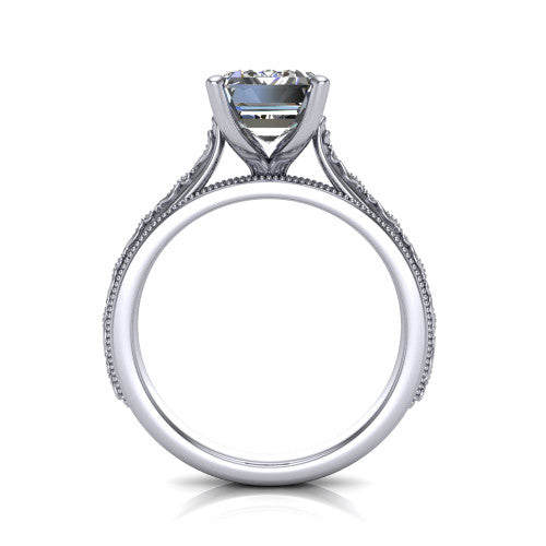Violet emerald solitaire engagement ring in 18K White Gold, through-finger front profile showing the open under-gallery and engraved scroll band