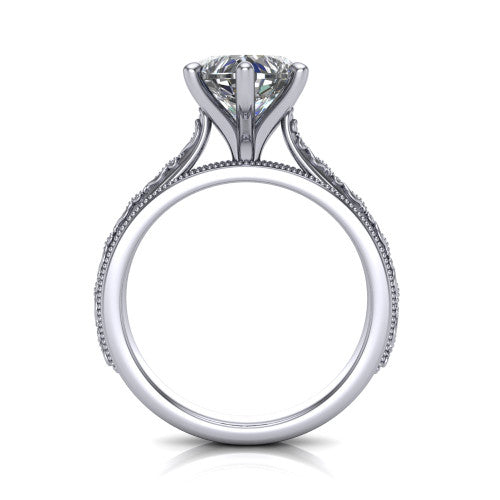 Violet heart solitaire engagement ring in Platinum, through-finger front profile showing the open under-gallery and engraved scroll band