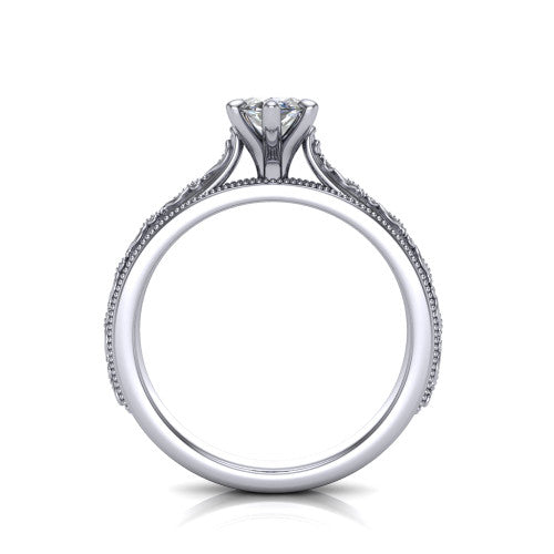 Violet marquise solitaire engagement ring in Platinum, through-finger front profile showing the open under-gallery and engraved scroll band