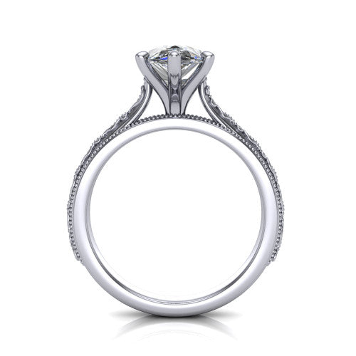 Violet pear solitaire engagement ring in Platinum, through-finger front profile showing the open under-gallery and engraved scroll band