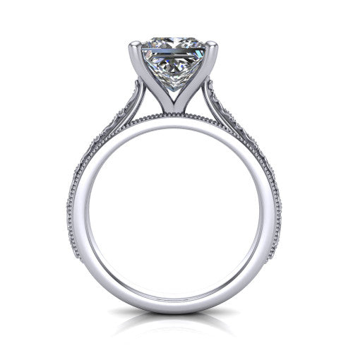 Violet princess solitaire engagement ring in 18K White Gold, through-finger front profile showing the open under-gallery and engraved scroll band