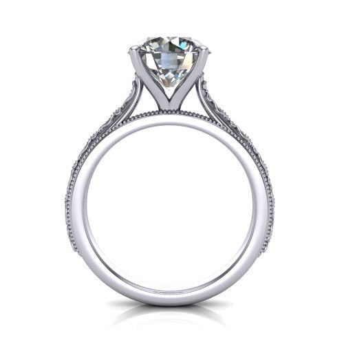 Violet round solitaire engagement ring in 14K White Gold, through-finger front profile showing the open under-gallery and engraved scroll band