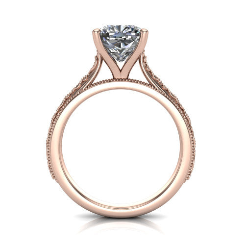 Violet cushion solitaire engagement ring in 14K Rose Gold, through-finger front profile showing the open under-gallery and engraved scroll band