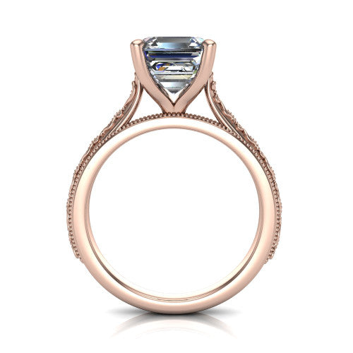 Violet square emerald solitaire engagement ring in 18K Rose Gold, through-finger front profile showing the open under-gallery and engraved scroll band