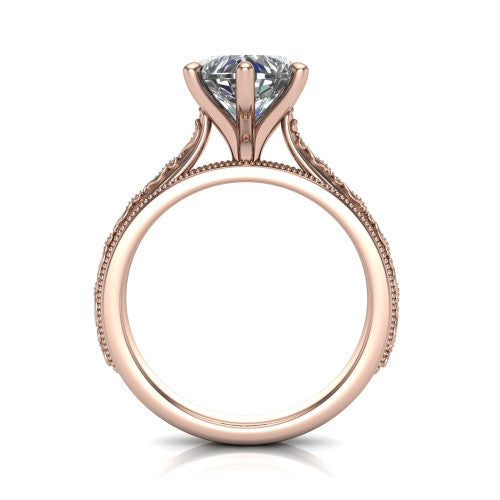 Violet heart solitaire engagement ring in 18K Rose Gold, through-finger front profile showing the open under-gallery and engraved scroll band