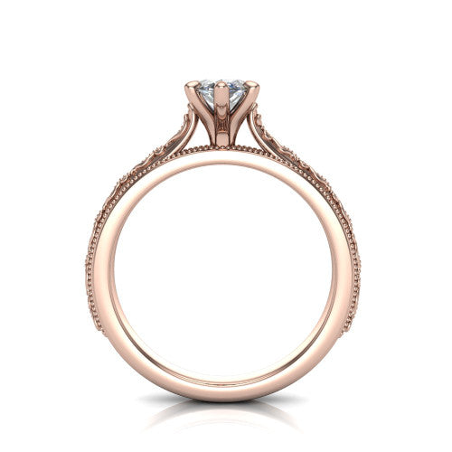 Violet marquise solitaire engagement ring in 18K Rose Gold, through-finger front profile showing the open under-gallery and engraved scroll band