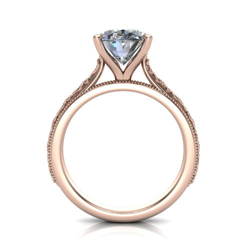 Violet oval solitaire engagement ring in 14K Rose Gold, through-finger front profile showing the open under-gallery and engraved scroll band