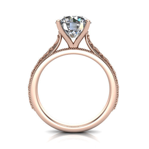 Violet round solitaire engagement ring in 18K Rose Gold, through-finger front profile showing the open under-gallery and engraved scroll band