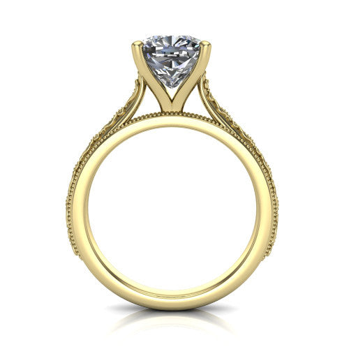 Violet cushion solitaire engagement ring in 14K Yellow Gold, through-finger front profile showing the open under-gallery and engraved scroll band