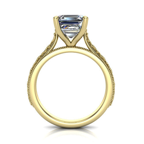 Violet square emerald solitaire engagement ring in 14K Yellow Gold, through-finger front profile showing the open under-gallery and engraved scroll band