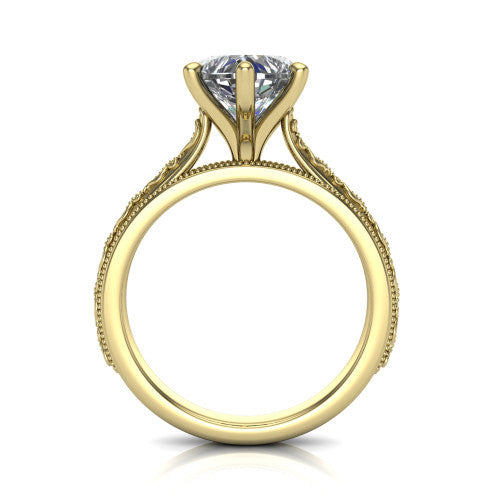 Violet heart solitaire engagement ring in 14K Yellow Gold, through-finger front profile showing the open under-gallery and engraved scroll band