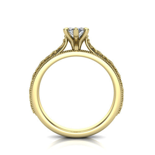Violet marquise solitaire engagement ring in 14K Yellow Gold, through-finger front profile showing the open under-gallery and engraved scroll band