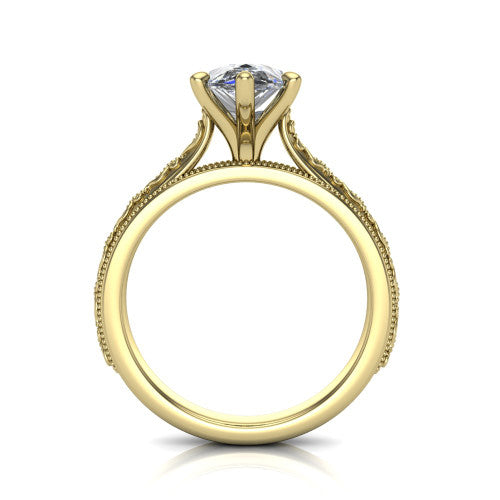 Violet pear solitaire engagement ring in 18K Yellow Gold, through-finger front profile showing the open under-gallery and engraved scroll band