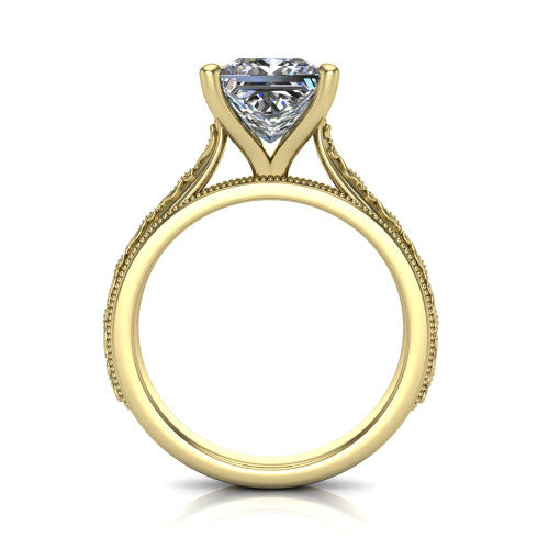 Violet princess solitaire engagement ring in 18K Yellow Gold, through-finger front profile showing the open under-gallery and engraved scroll band