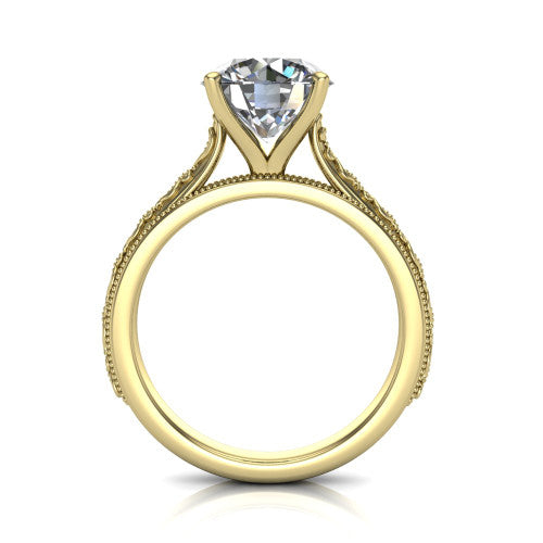 Violet round solitaire engagement ring in 14K Yellow Gold, through-finger front profile showing the open under-gallery and engraved scroll band