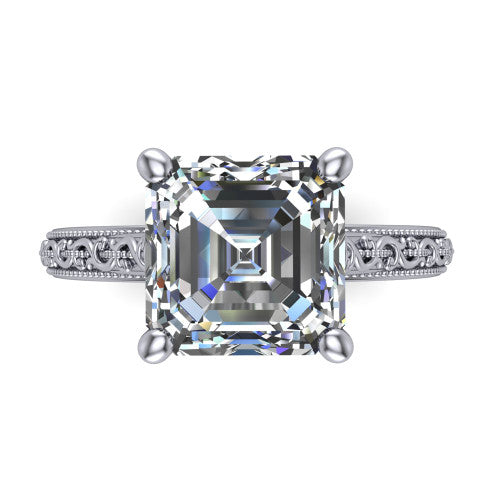 Violet square emerald solitaire engagement ring in 14K White Gold, top-down view showing the step-cut square emerald center diamond held by four prongs above the engraved shank