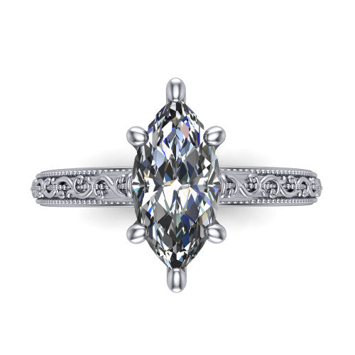 Violet marquise solitaire engagement ring in Platinum, top-down view showing the brilliant marquise center diamond held by four prongs above the engraved shank