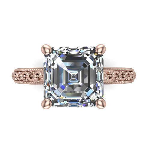 Violet square emerald solitaire engagement ring in 14K Rose Gold, top-down view showing the step-cut square emerald center diamond held by four prongs above the engraved shank