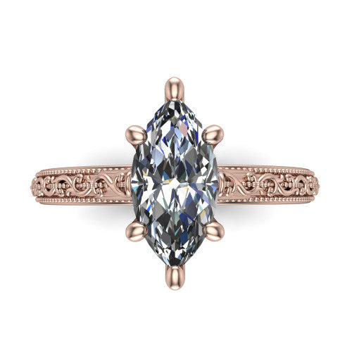 Violet marquise solitaire engagement ring in 14K Rose Gold, top-down view showing the brilliant marquise center diamond held by four prongs above the engraved shank