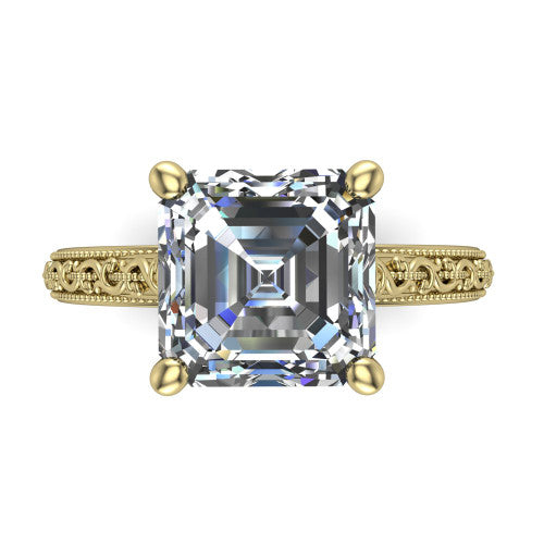 Violet square emerald solitaire engagement ring in 14K Yellow Gold, top-down view showing the step-cut square emerald center diamond held by four prongs above the engraved shank