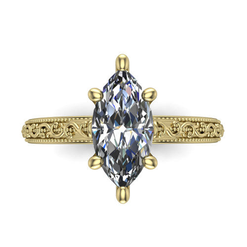 Violet marquise solitaire engagement ring in 14K Yellow Gold, top-down view showing the brilliant marquise center diamond held by four prongs above the engraved shank