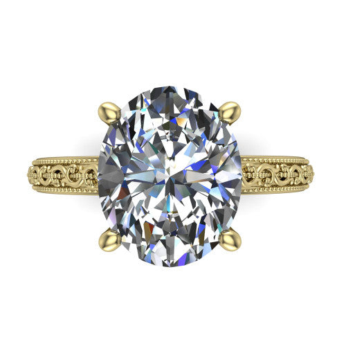 Violet oval solitaire engagement ring in 18K Yellow Gold, top-down view showing the brilliant oval center diamond held by four prongs above the engraved shank