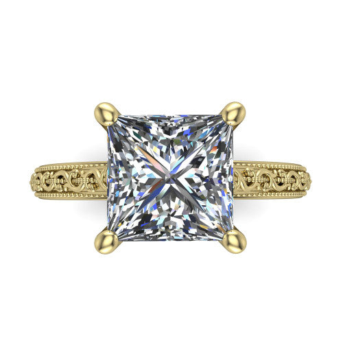 Violet princess solitaire engagement ring in 18K Yellow Gold, top-down view showing the brilliant princess-cut center diamond held by four prongs above the engraved shank