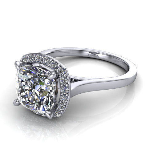 Anastasia cushion halo engagement ring in 14K White Gold, three-quarter perspective showing the brilliant cushion-cut center diamond inside a slim pave halo on cathedral shoulders