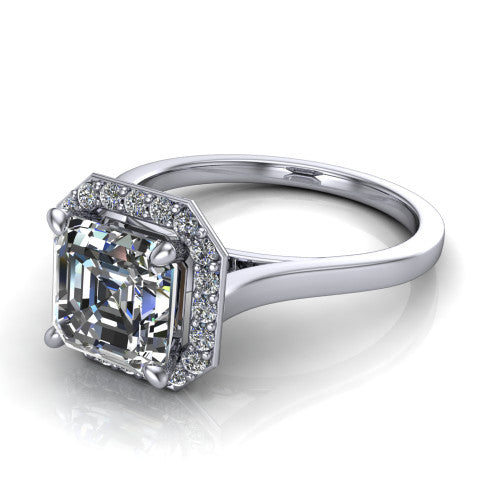 Anastasia square emerald halo engagement ring in 18K White Gold, three-quarter perspective showing the step-cut square emerald center diamond inside a slim pave halo on cathedral shoulders