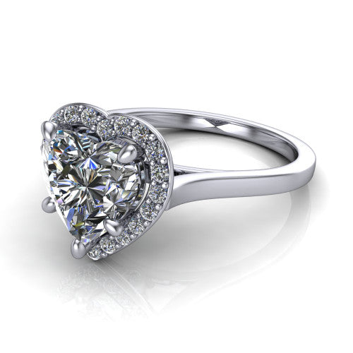 Anastasia heart halo engagement ring in 18K White Gold, three-quarter perspective showing the brilliant heart-shaped center diamond inside a slim pave halo on cathedral shoulders