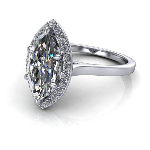 Anastasia marquise halo engagement ring in Platinum, three-quarter perspective showing the brilliant marquise center diamond inside a slim pave halo on cathedral shoulders