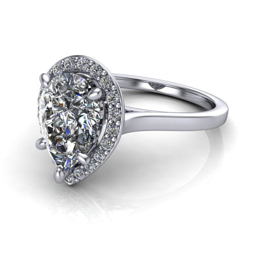 Anastasia pear halo engagement ring in Platinum, three-quarter perspective showing the brilliant pear-cut center diamond inside a slim pave halo on cathedral shoulders