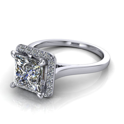 Anastasia princess halo engagement ring in Platinum, three-quarter perspective showing the brilliant princess-cut center diamond inside a slim pave halo on cathedral shoulders