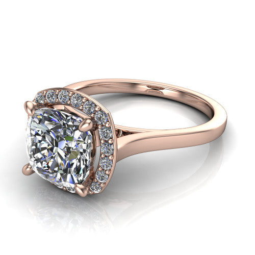 Anastasia cushion halo engagement ring in 14K Rose Gold, three-quarter perspective showing the brilliant cushion-cut center diamond inside a slim pave halo on cathedral shoulders