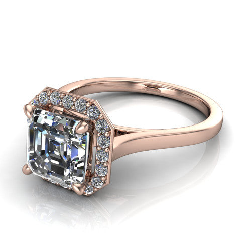 Anastasia square emerald halo engagement ring in 14K Rose Gold, three-quarter perspective showing the step-cut square emerald center diamond inside a slim pave halo on cathedral shoulders