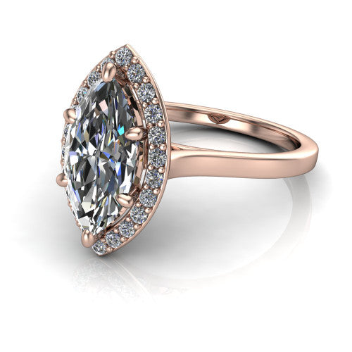 Anastasia marquise halo engagement ring in 18K Rose Gold, three-quarter perspective showing the brilliant marquise center diamond inside a slim pave halo on cathedral shoulders