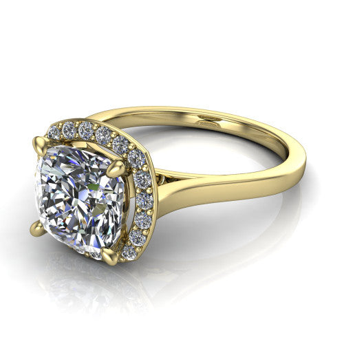 Anastasia cushion halo engagement ring in 14K Yellow Gold, three-quarter perspective showing the brilliant cushion-cut center diamond inside a slim pave halo on cathedral shoulders