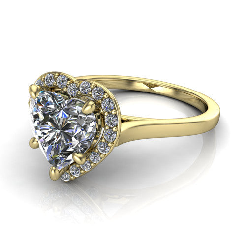 Anastasia heart halo engagement ring in 14K Yellow Gold, three-quarter perspective showing the brilliant heart-shaped center diamond inside a slim pave halo on cathedral shoulders