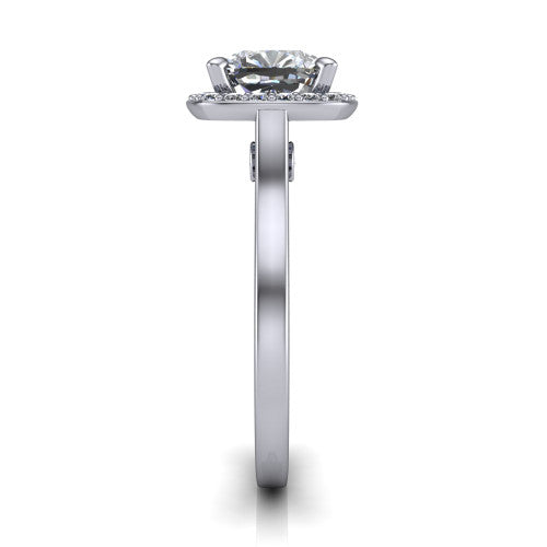 Anastasia cushion halo engagement ring in 18K White Gold, side profile showing the slim halo head, cathedral shoulders, and polished plain band