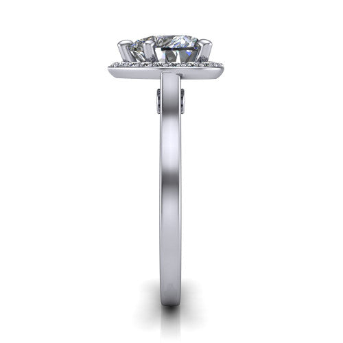 Anastasia heart halo engagement ring in Platinum, side profile showing the slim halo head, cathedral shoulders, and polished plain band