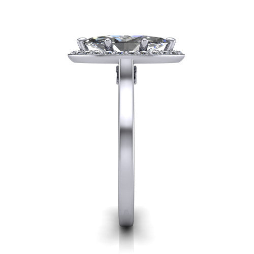 Anastasia marquise halo engagement ring in Platinum, side profile showing the slim halo head, cathedral shoulders, and polished plain band