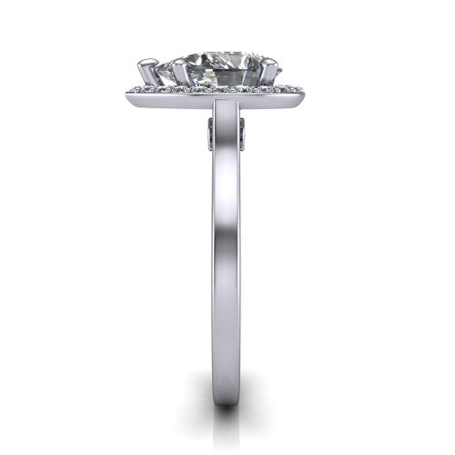 Anastasia pear halo engagement ring in Platinum, side profile showing the slim halo head, cathedral shoulders, and polished plain band